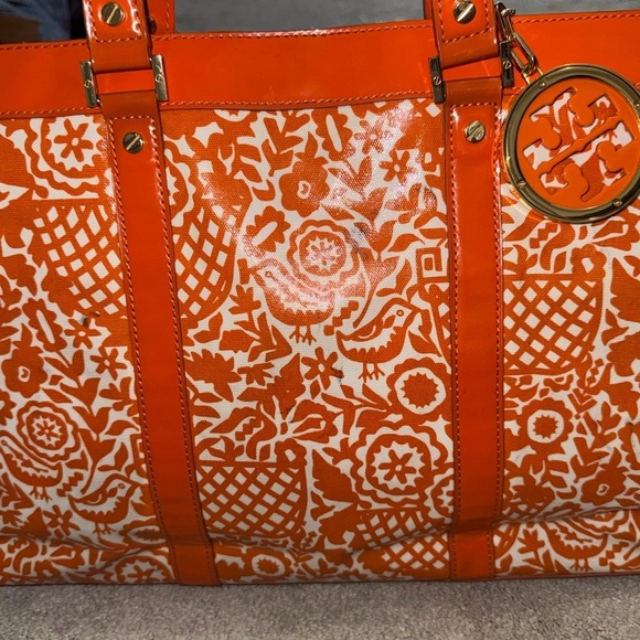 Tory Burch Coated Canvas Floral Orange and White Tote - Picture 7 of 9